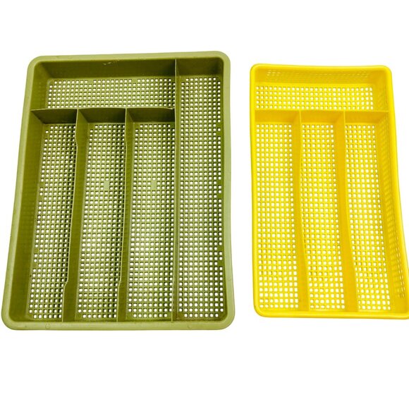 Vtg Green & Yellow Divided Plastic Mesh Silverware Drawer Organizer Tray MCM 70s - Picture 1 of 9